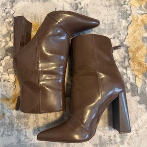 Forever 21 Chocolate Brown Patent Pointed Block Heel Ankle Boots